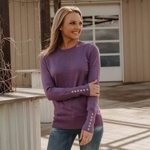 Button Sleeve Round Neck Sweater - Lilac Grey